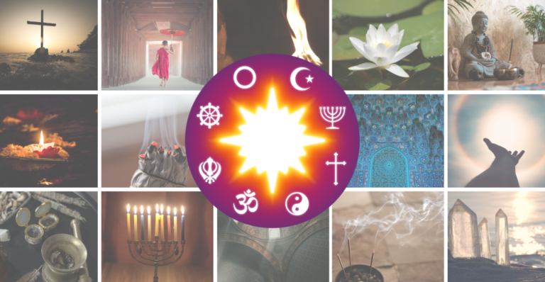 Collage of spiritual images from many traditions arranged around the OneSpirit interfaith symbol