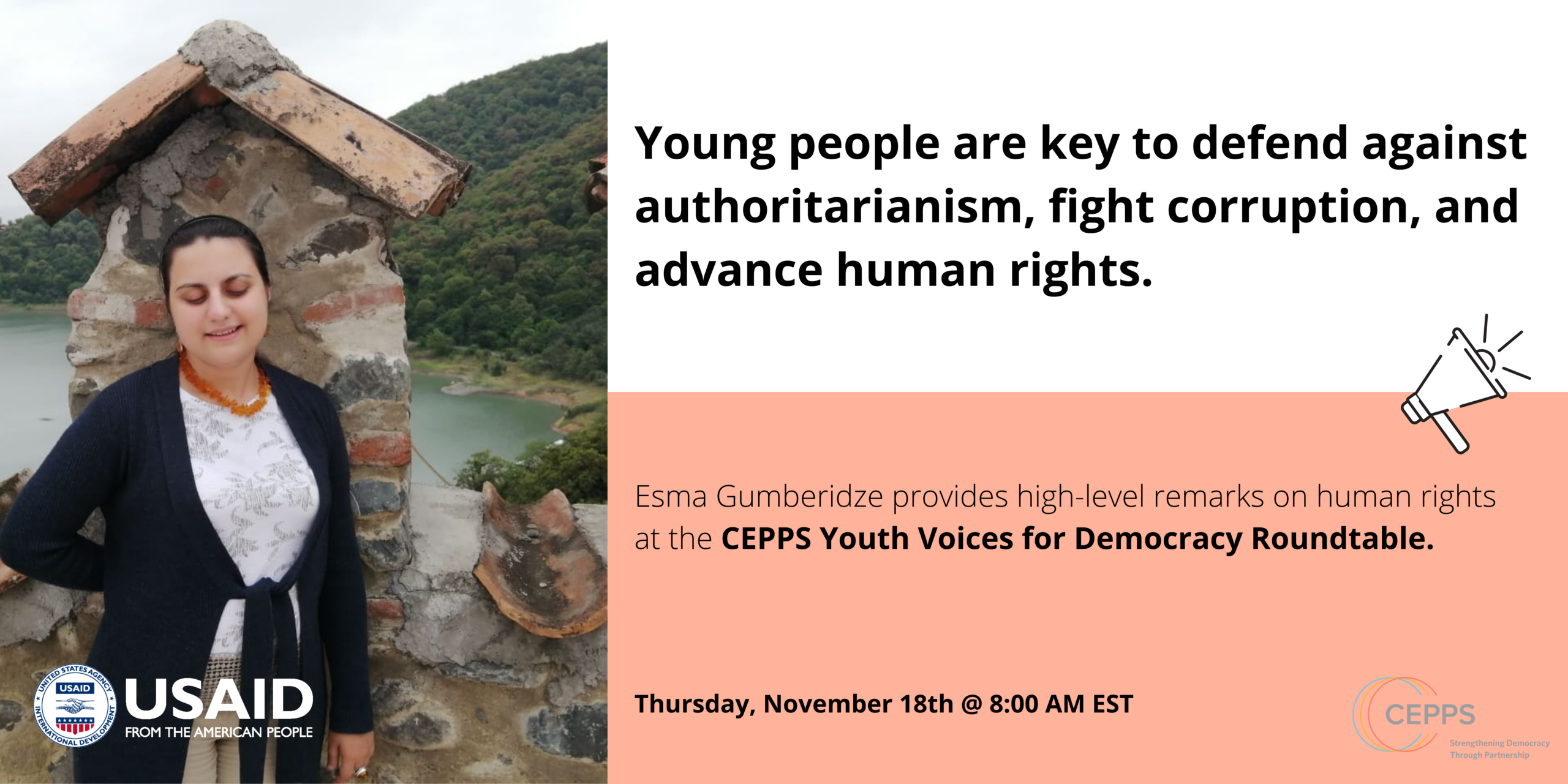 Third CEPPS Youth Voices for Democracy speaker graphic, using the same layout with a different speaker and quote