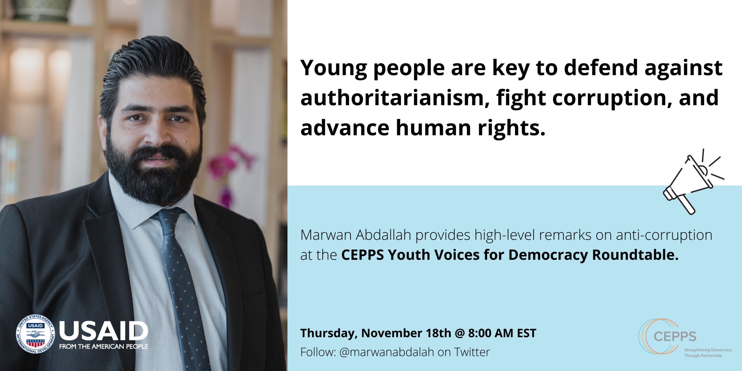 Second CEPPS Youth Voices for Democracy speaker graphic, using the same layout with a different speaker and quote