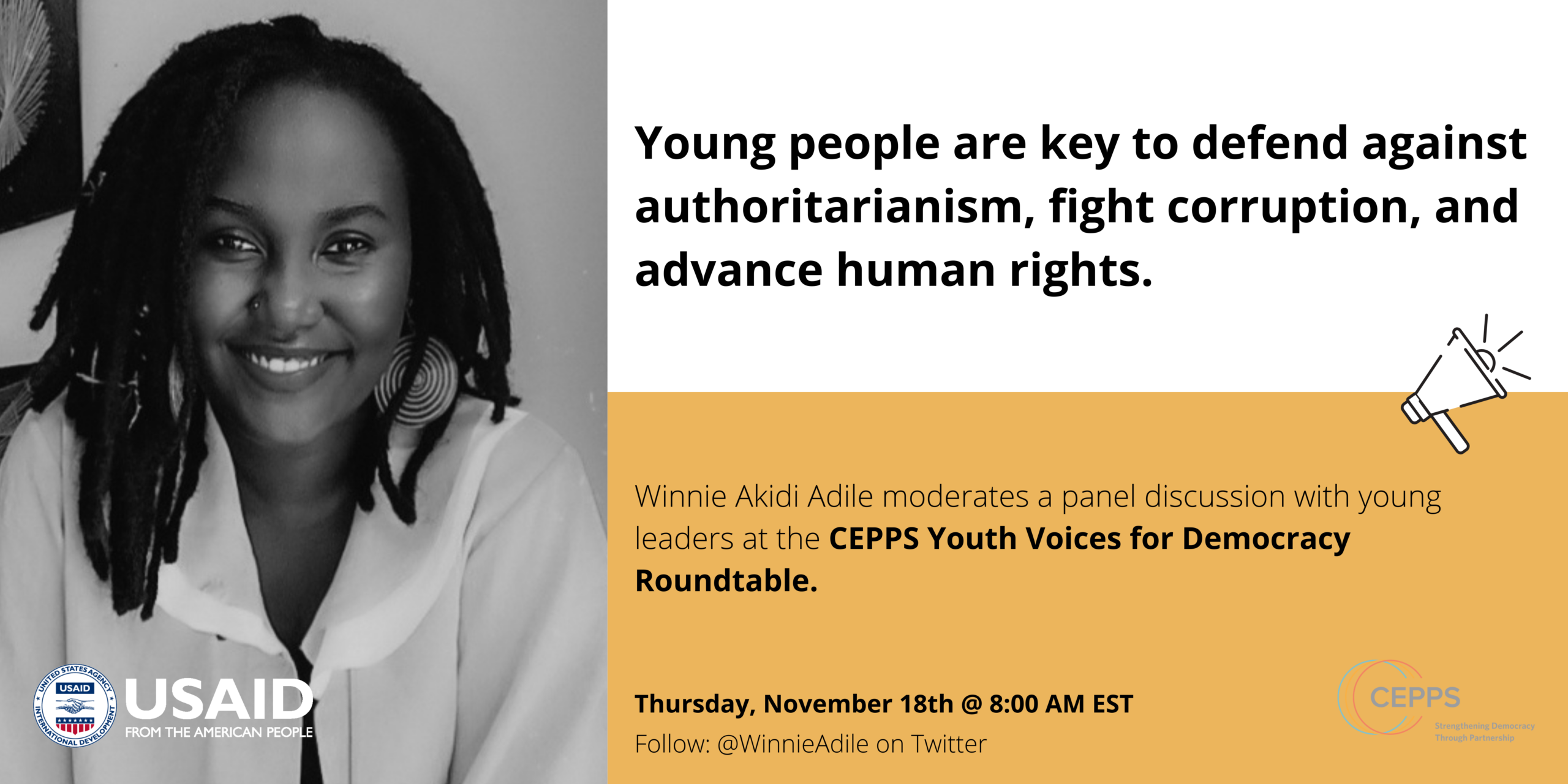 Speaker graphic for the CEPPS Youth Voices for Democracy Roundtable, one of three speaker graphics