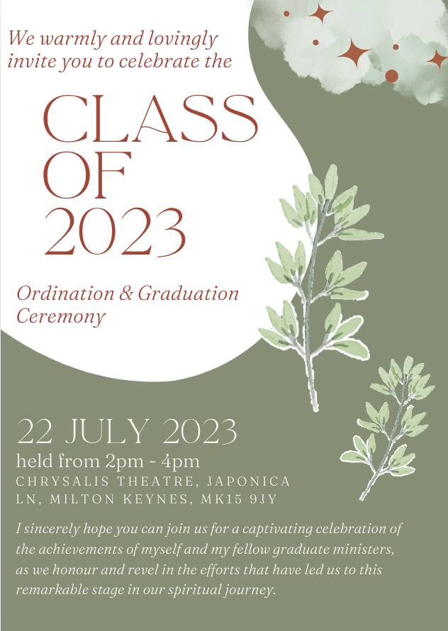 Invitation for the OneSpirit Class of 2023 Ordination and Graduation Ceremony, with sage green botanicals
