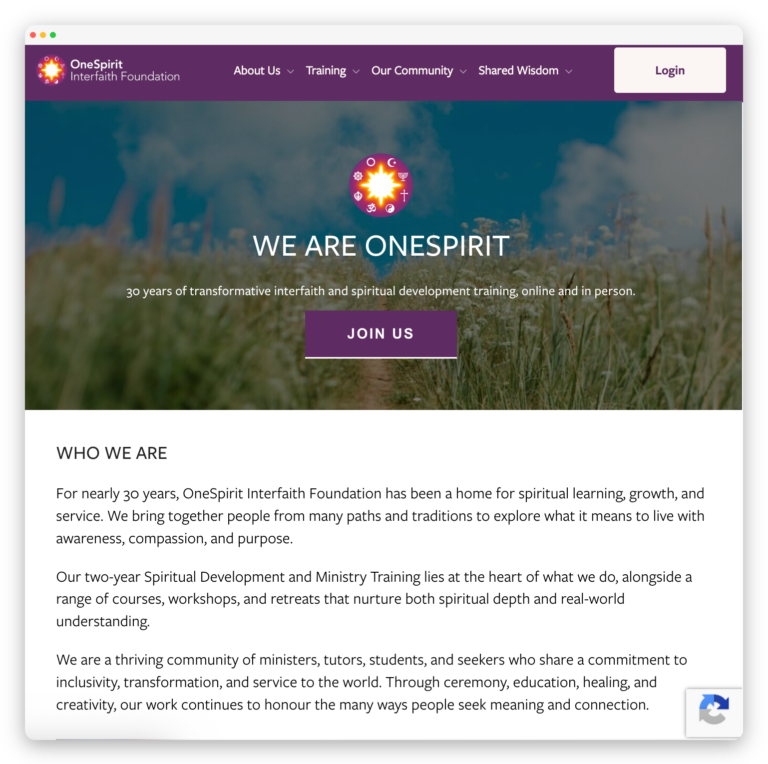 Screenshot of the OneSpirit WordPress homepage