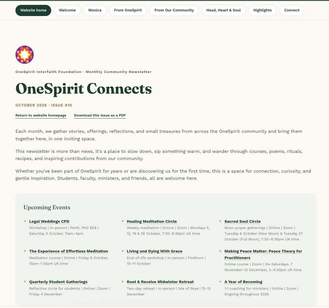 OneSpirit Connects monthly newsletter