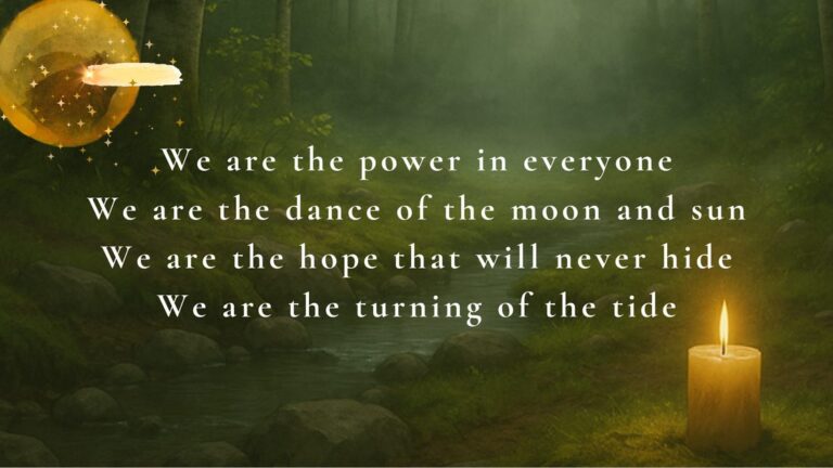Ceremony slide with lines of a blessing in cream text over a dark green forest and a lit candle