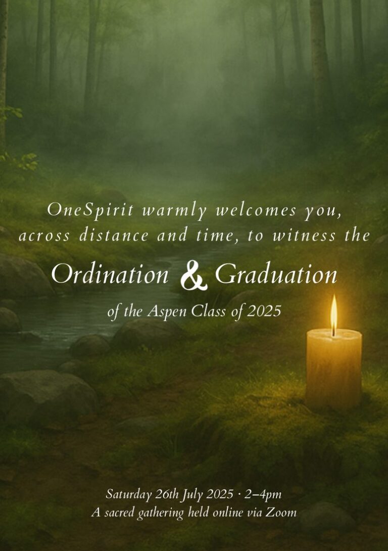 Cover of the program for the Aspen Class of 2025 Ordination and Graduation, with a candle glowing in a dark green forest