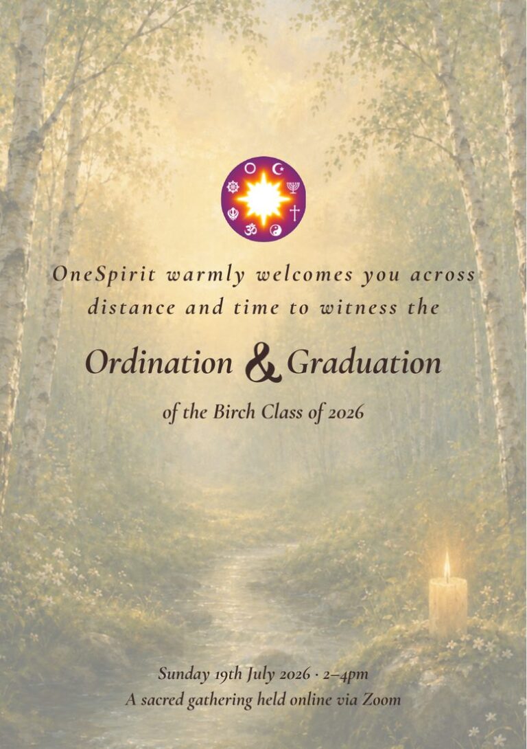 Cover of the program for the Birch Class of 2026 Ordination and Graduation, with a misty birch woodland and the OneSpirit emblem