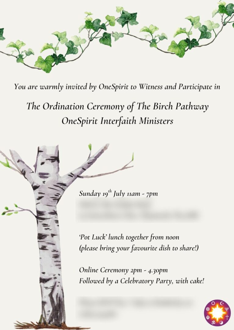 Invitation to the Birch Pathway ordination ceremony, with watercolor ivy and a birch tree, personal address details blurred