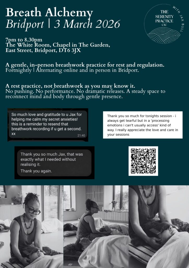 Dark teal poster for Breath Alchemy in Bridport on 3 March 2026, with client messages of thanks, a QR code and black and white photos of Jax guiding a session