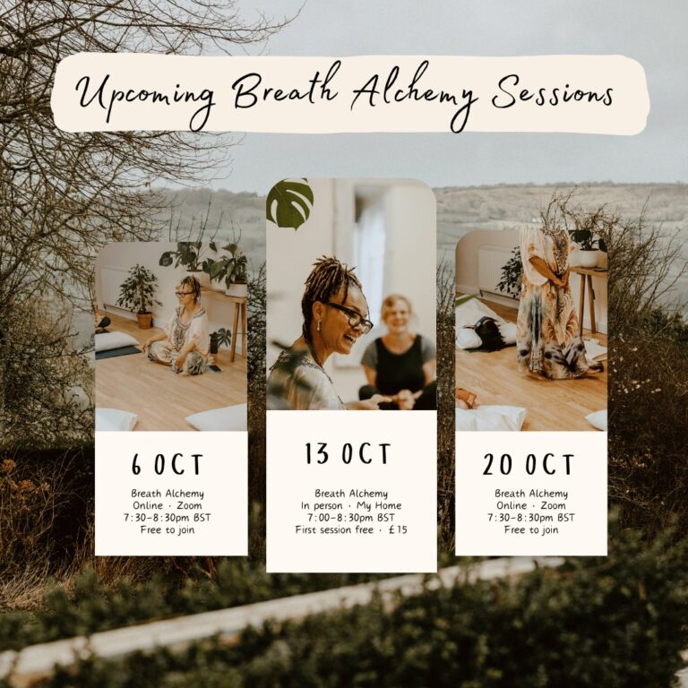Upcoming Breath Alchemy Sessions graphic with three photo cards of Jax for 6, 13 and 20 October, set over a misty Dorset landscape