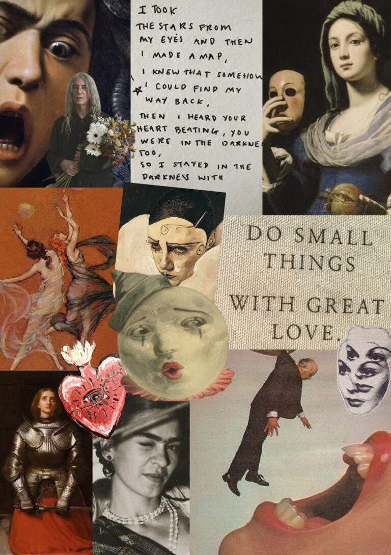 Collage of classical paintings, a Pierrot face, a crying clown moon, a painted sacred heart and Frida Kahlo, around a handwritten note and the words Do small things with great love