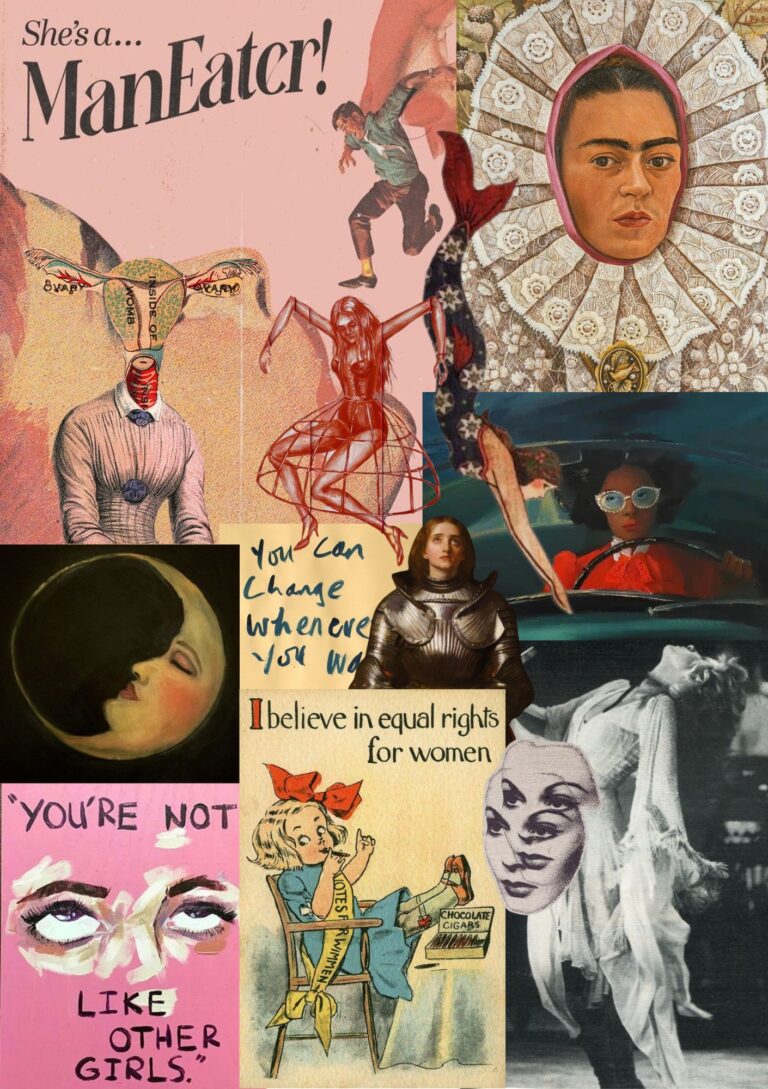 Collage on a pink background with a She’s a ManEater headline, a Frida Kahlo self-portrait, a vintage I believe in equal rights for women postcard, a sleeping crescent moon and a hand-lettered You’re not like other girls