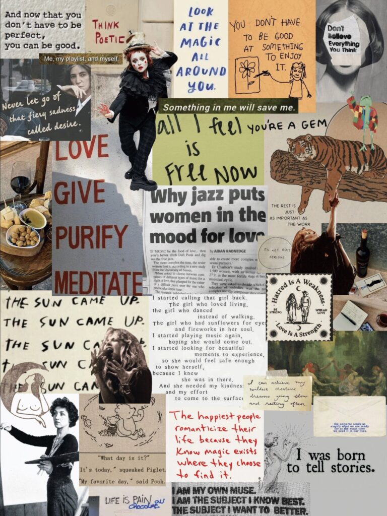 Dense collage of handwritten and printed notes, including Look at the magic all around you, Love Give Purify Meditate, The sun came up and I was born to tell stories, with a sleeping tiger, Winnie the Pooh and Piglet, and a painter at her easel