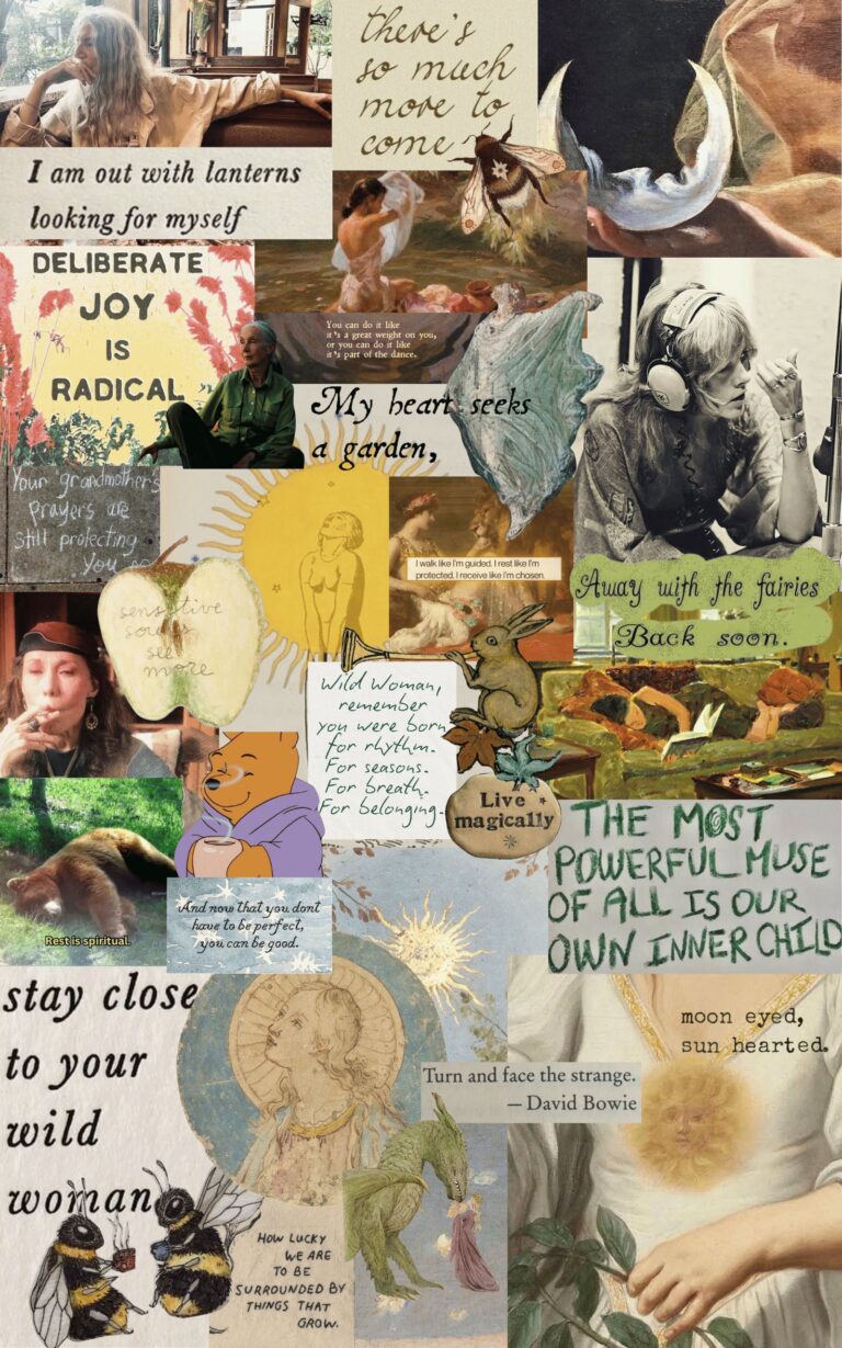 Warm collage in golds and greens with bees, a sun, a halved apple and notes reading Deliberate joy is radical, Rest is spiritual, Wild woman, remember you were born for rhythm and Stay close to your wild woman