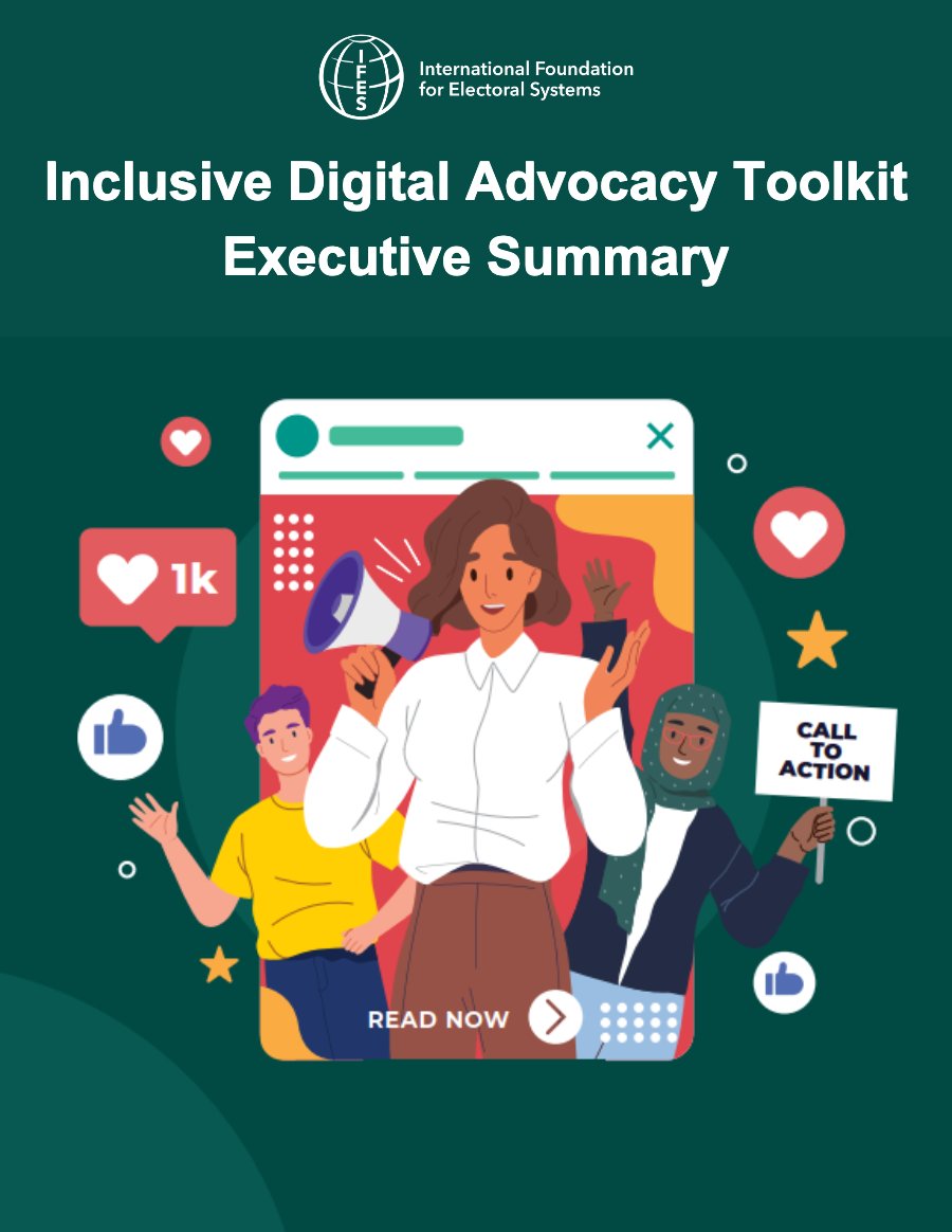 Cover of the Inclusive Digital Advocacy Toolkit Executive Summary, with an illustrated woman holding a megaphone inside a social media post
