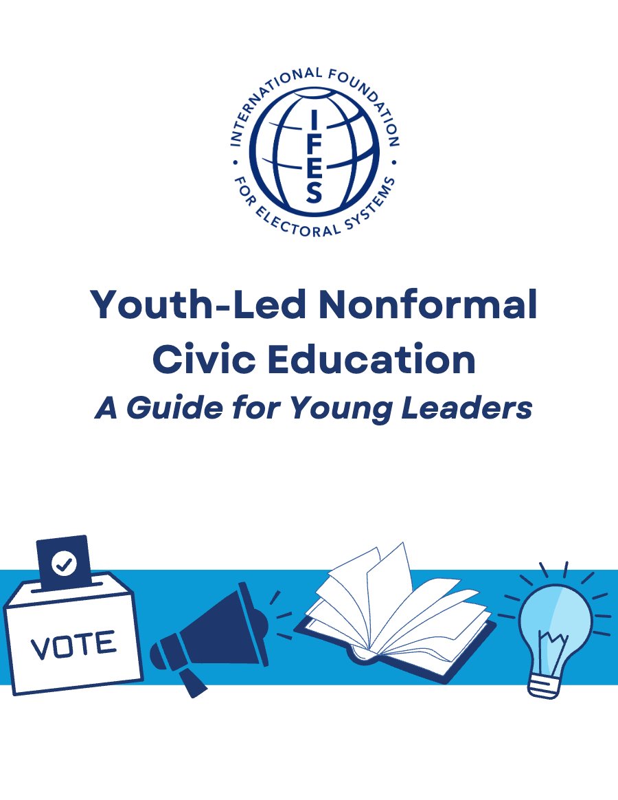 Cover of Youth-Led Nonformal Civic Education: A Guide for Young Leaders, with icons for voting, advocacy, learning and ideas