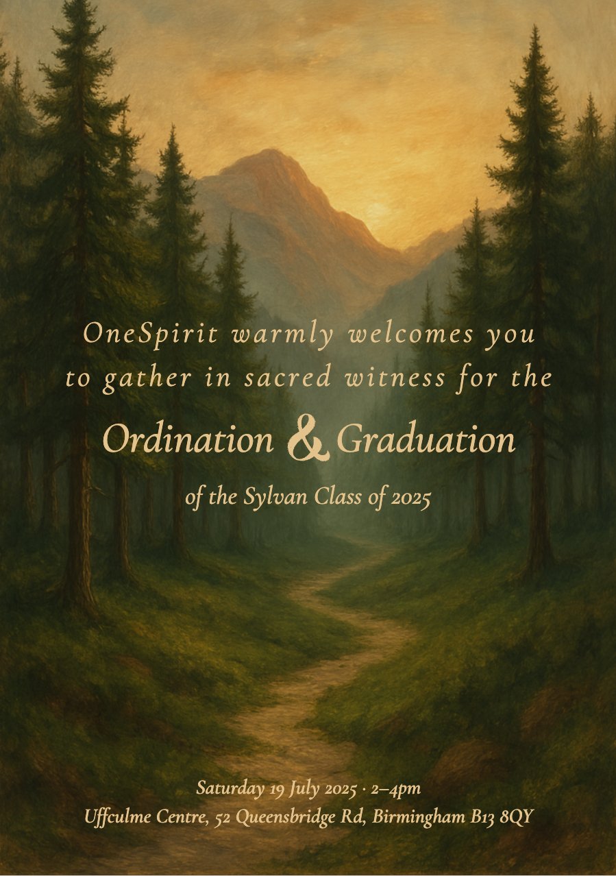 Cover of the program for the Sylvan Class of 2025 Ordination and Graduation, with a painted forest path at dusk
