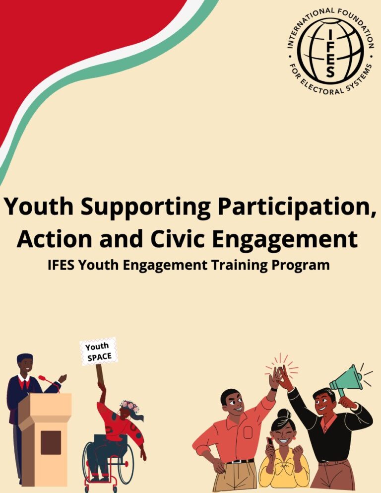 Cover of the Youth SPACE eBook for IFES, with illustrated young people of different identities and abilities taking part in civic life