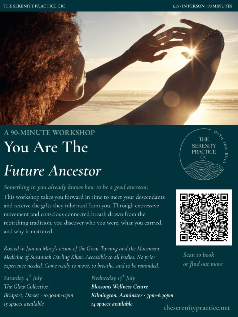 Poster for You Are The Future Ancestor, a 90-minute workshop, with a woman reaching toward the sun over the sea and dates in Bridport and Axminster