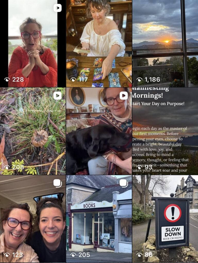 Lauren Gabrielle Foster Instagram grid before, mostly selfies and phone photos with one text post over a sunset photo