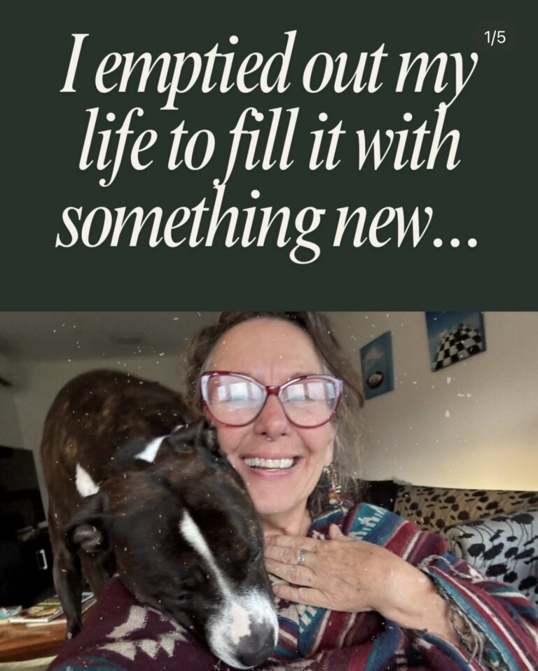 Slide 1 of an Instagram carousel for Lauren Gabrielle Foster, reading 'I emptied out my life to fill it with something new', above a photo of Lauren smiling with her dog