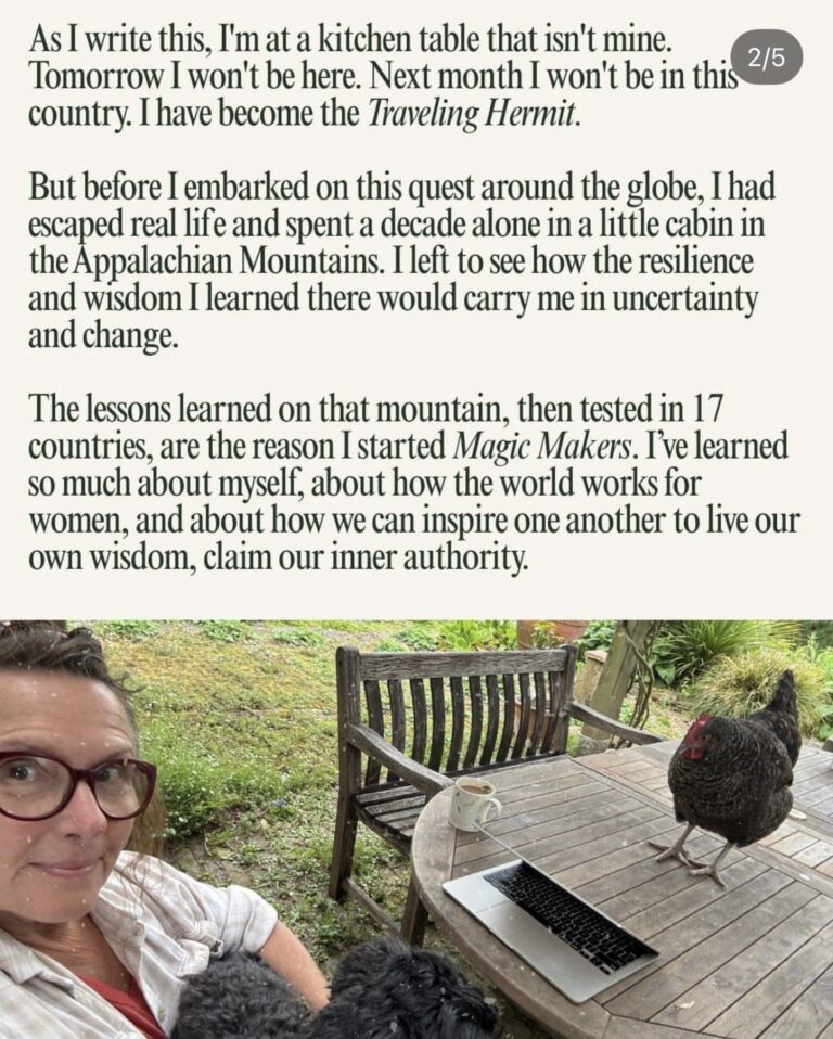 Slide 2 of Lauren's carousel, telling the story of becoming the Traveling Hermit after a decade in an Appalachian cabin, above a photo of her at a garden table with a hen