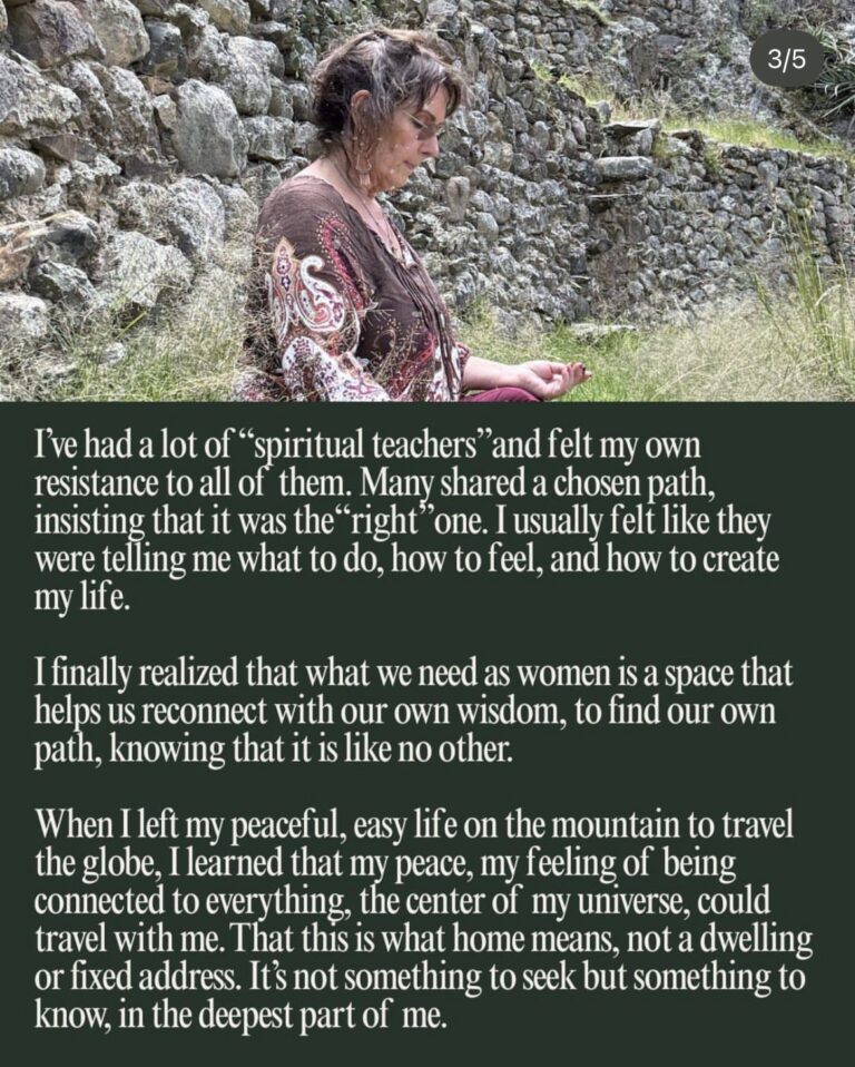 Slide 3 of Lauren's carousel, a photo of her meditating by a stone wall above text about finding her own path rather than following spiritual teachers