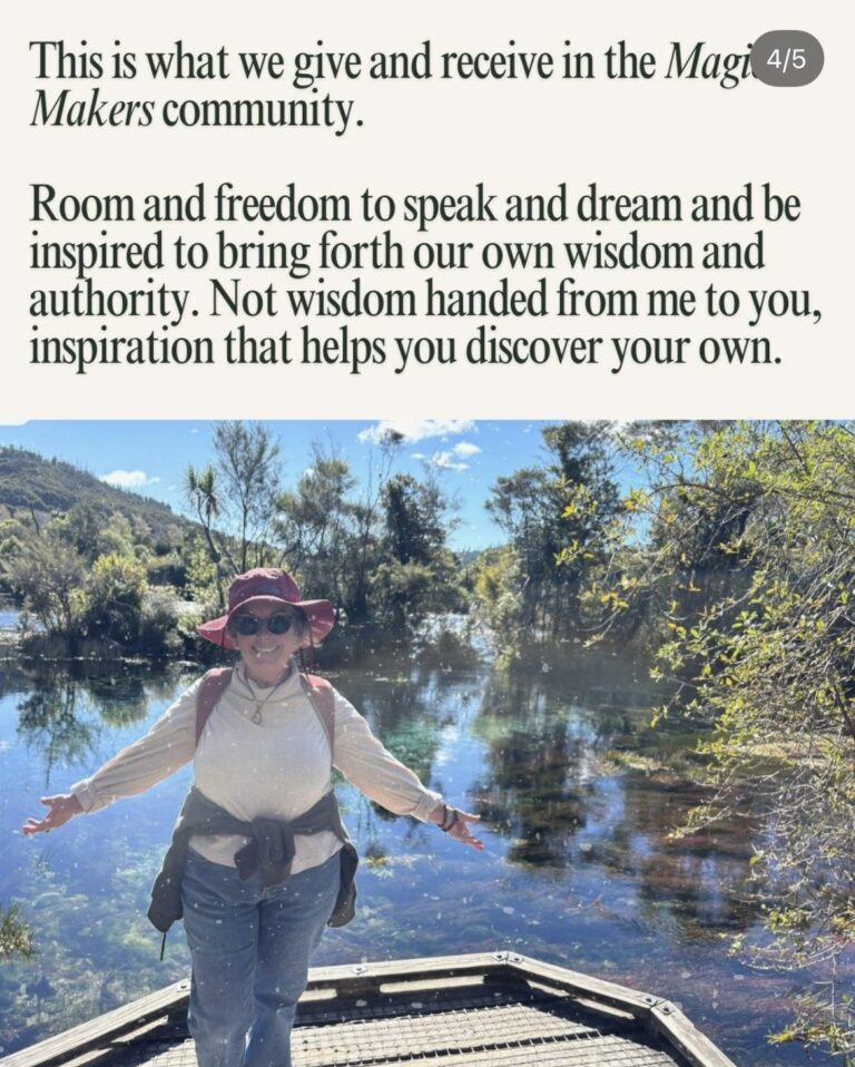 Slide 4 of Lauren's carousel, introducing the Magic Makers community, above a photo of Lauren with arms open on a boardwalk over clear water