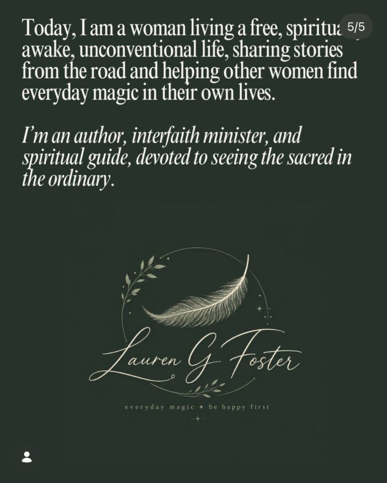 Slide 5 of Lauren's carousel, describing her as an author, interfaith minister and spiritual guide, with her feather logo and the words 'everyday magic, be happy first'