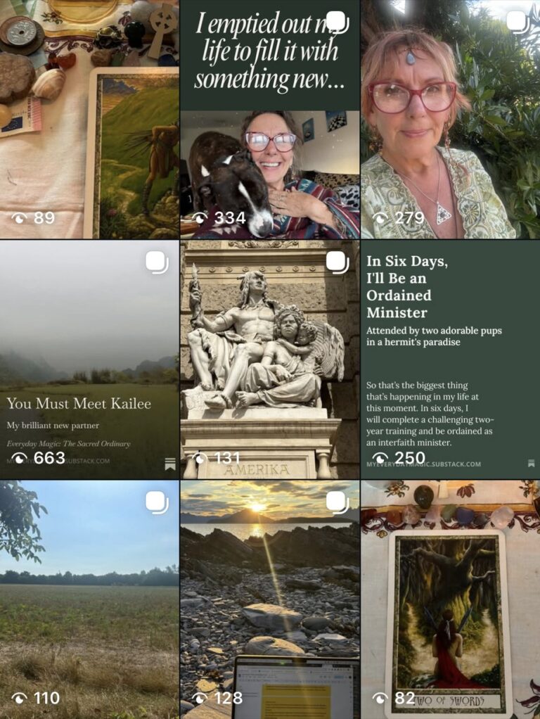 Lauren Gabrielle Foster Instagram grid, with her own words as green quote posts, portraits, tarot spreads and nature photography