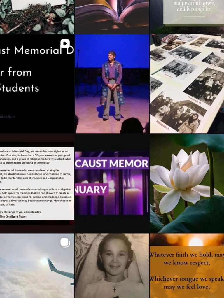 OneSpirit Instagram grid before, with dark, text-heavy Holocaust Memorial Day graphics, stock flower photos and mixed styles