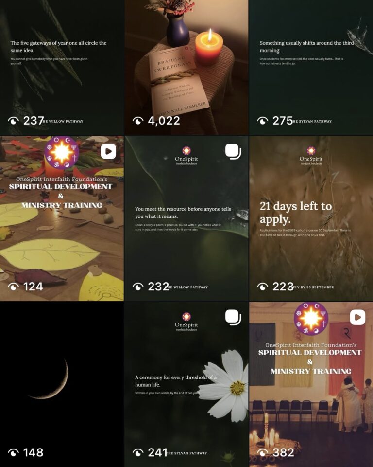 OneSpirit Instagram grid of quiet, dark-toned posts for the Willow and Sylvan Pathways, a candle beside Braiding Sweetgrass with 4,022 views, and a '21 days left to apply' post
