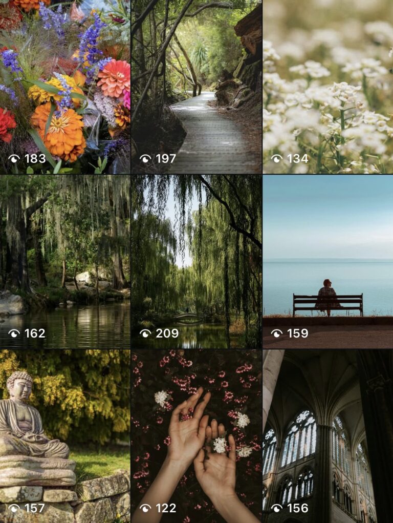 OneSpirit Instagram grid of reflective photography, including wildflowers, a woodland path, a figure on a bench by the sea, a Buddha statue and cathedral windows