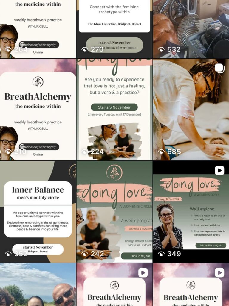 The Serenity Practice Instagram grid before, made up of busy flyer-style graphics in pink, green and beige with several different fonts