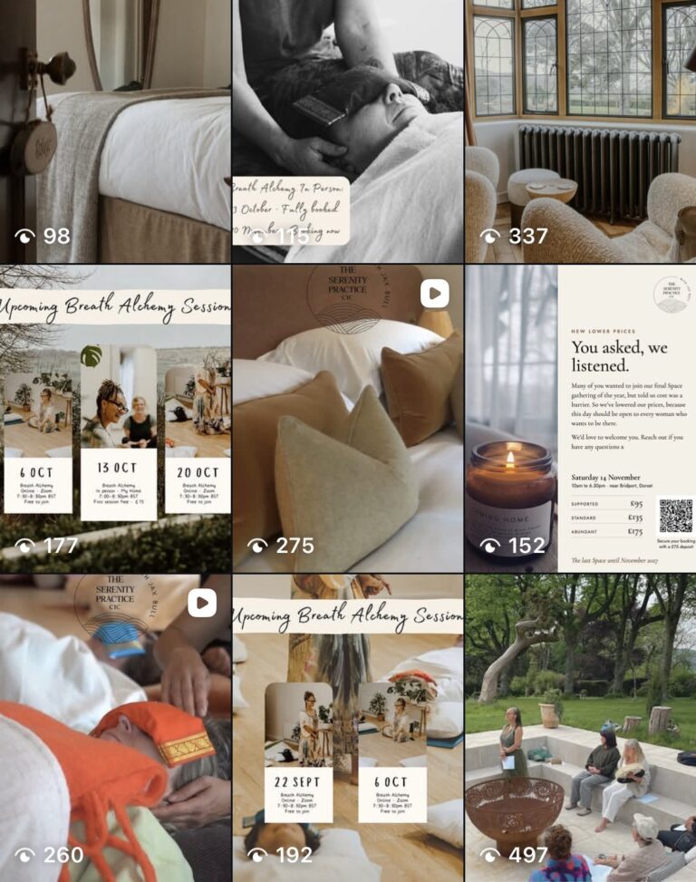 The Serenity Practice Instagram grid with calm retreat interiors, Breath Alchemy session dates, a 'You asked, we listened' pricing post and a group gathered around a fire bowl outdoors