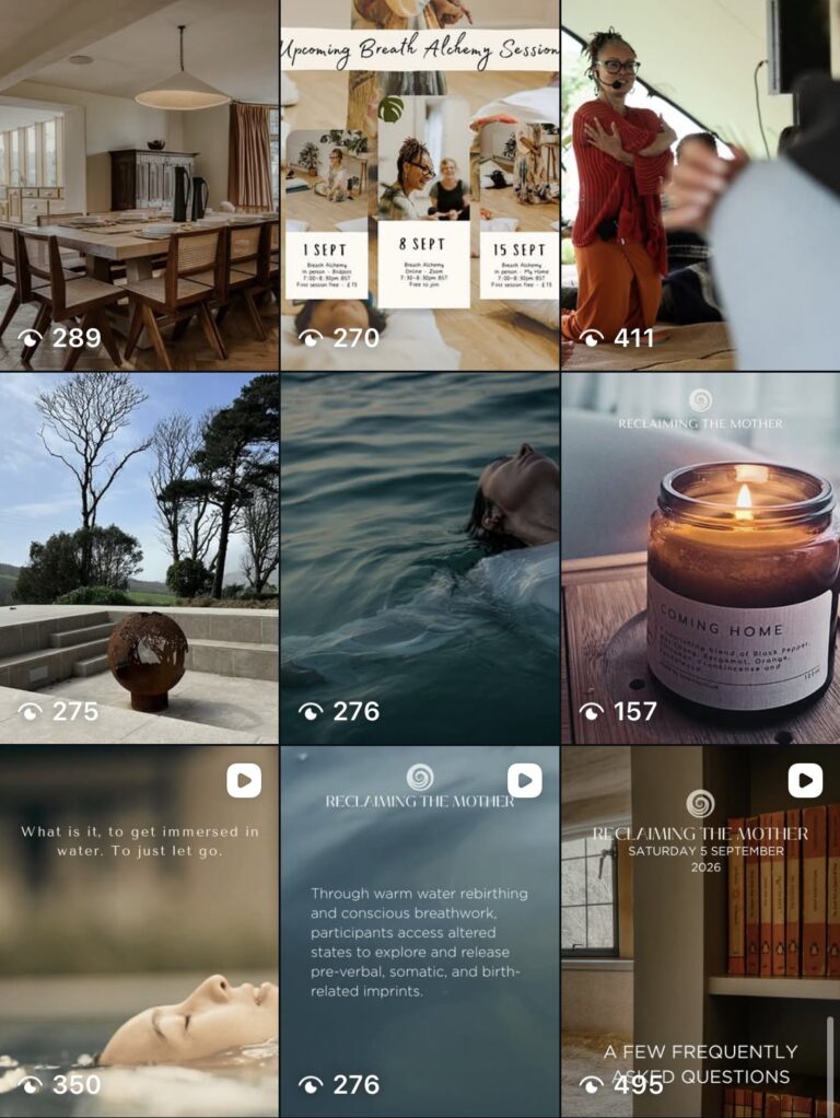 The Serenity Practice Instagram grid with a deer in morning mist, the retreat house and pool, Jax leading a session, and Reclaiming the Mother posts about warm water rebirthing