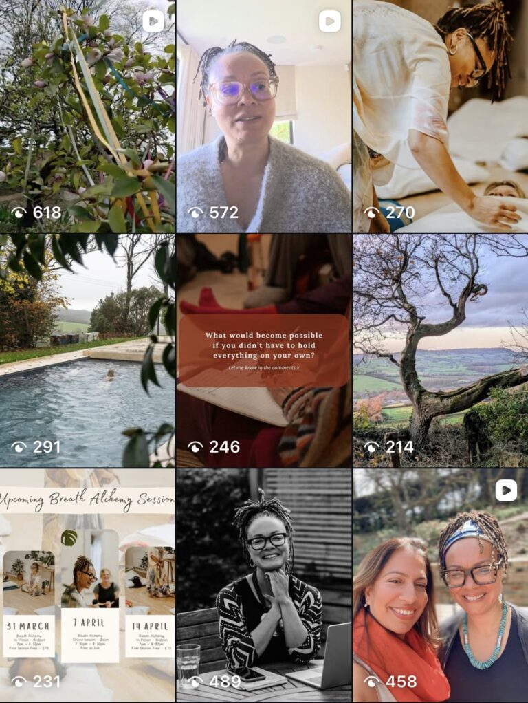 The Serenity Practice Instagram grid with a video of Jax, a garden pool, a 'What would become possible' reflection post, Breath Alchemy dates and smiling portraits