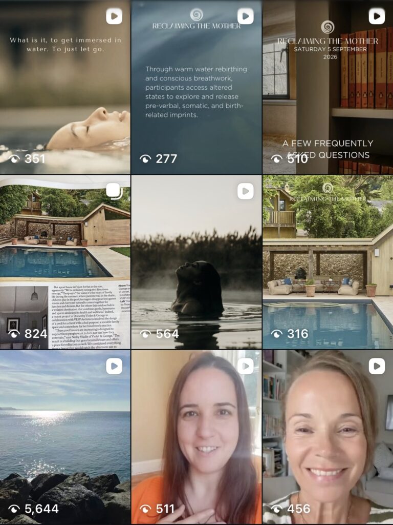 The Serenity Practice Instagram grid with Reclaiming the Mother posts, the pool house, open water scenes and video introductions from the facilitators