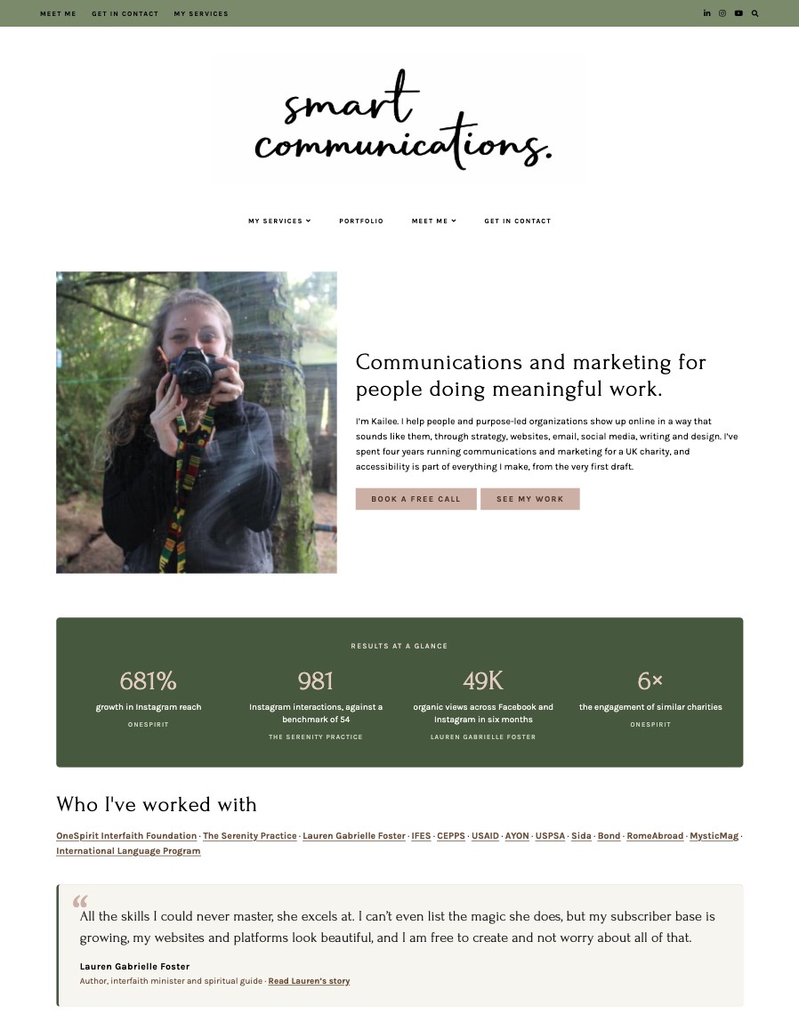 The top of this homepage: the menu, a photo of Kailee holding a camera, the main heading, two buttons, a green results band and the list of clients