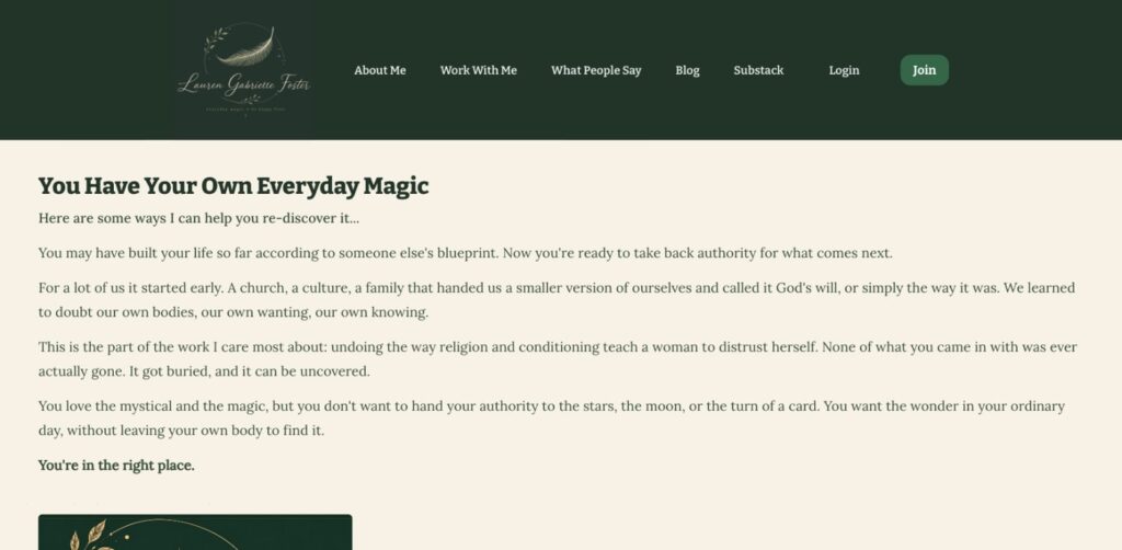 Screenshot of the Work With Me page on Lauren Gabrielle Foster’s website, with her feather logo in a dark green header and the heading You Have Your Own Everyday Magic