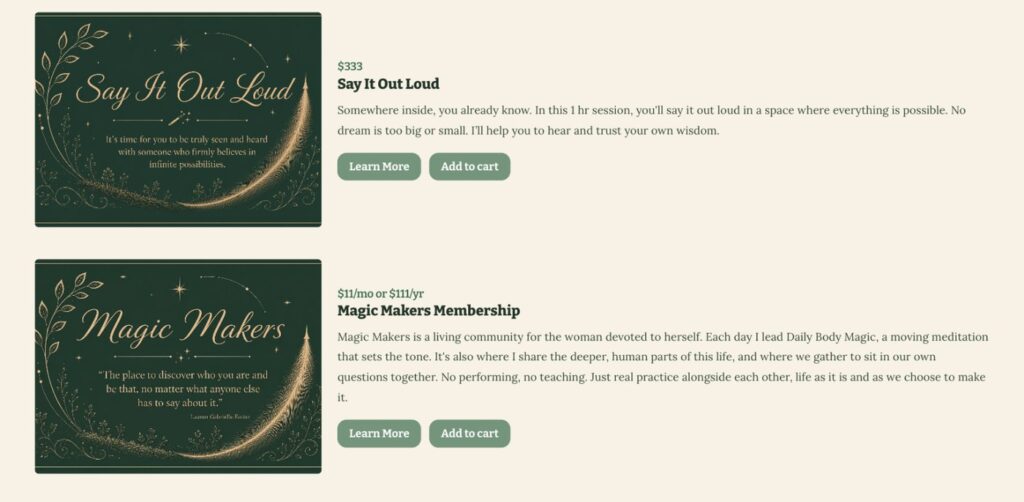 Screenshot of Lauren’s offerings, each with its own dark green and gold card: Say It Out Loud, with its price and booking buttons, and the Magic Makers membership