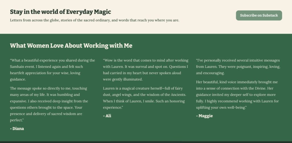 Screenshot of a Subscribe on Substack banner above a green section of testimonials titled What Women Love About Working with Me