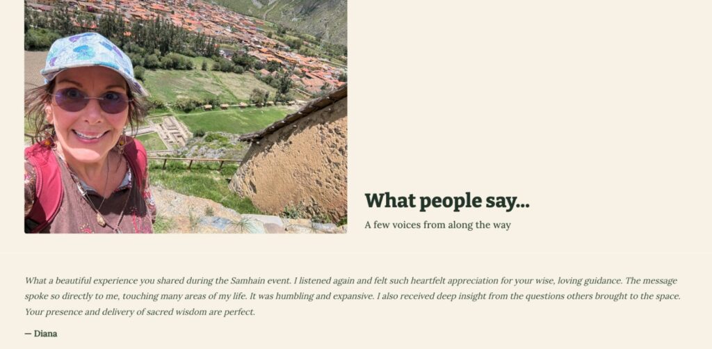 Screenshot of the What People Say page, with a photo of Lauren smiling in a patterned cap above a mountain village, and testimonials below