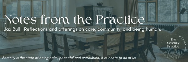 Notes from the Practice newsletter header: the title and tagline in white over a softly darkened photo of a wood-paneled room, with The Serenity Practice wave logo in the corner