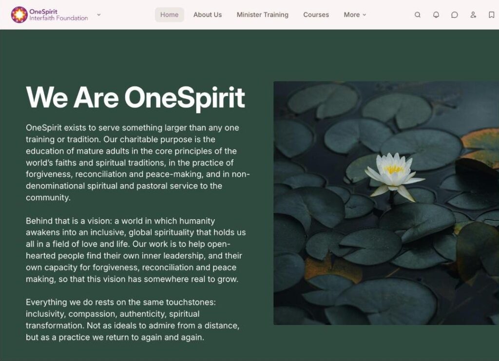 Screenshot of the OneSpirit Interfaith Foundation homepage on Circle, with the heading We Are OneSpirit and a photo of a water lily