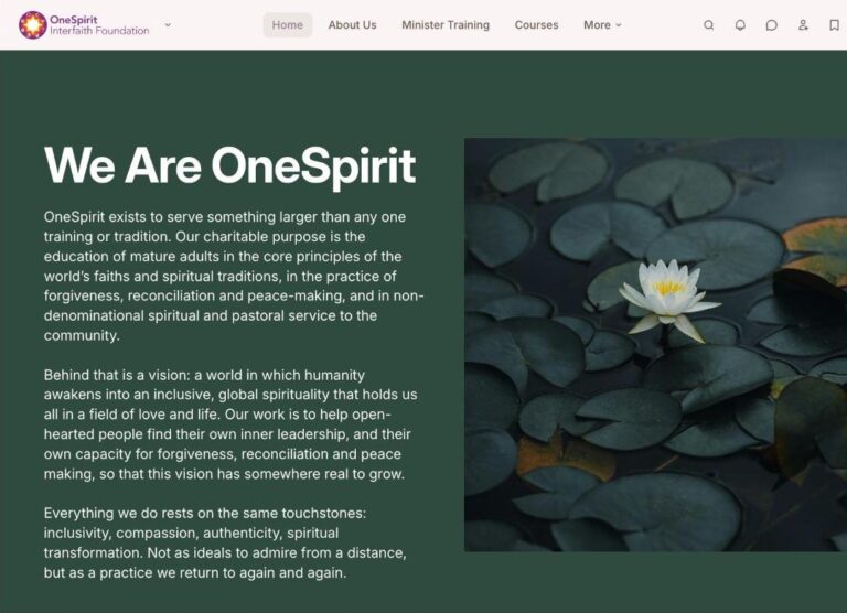 Screenshot of the OneSpirit Interfaith Foundation homepage on Circle, with the heading We Are OneSpirit and a photo of a water lily