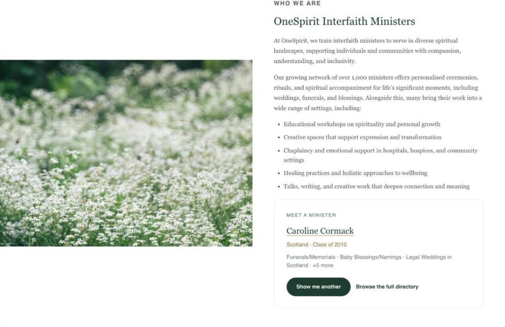 Screenshot of the Who We Are section on the OneSpirit Circle homepage, with a Meet a Minister card and a Show me another button