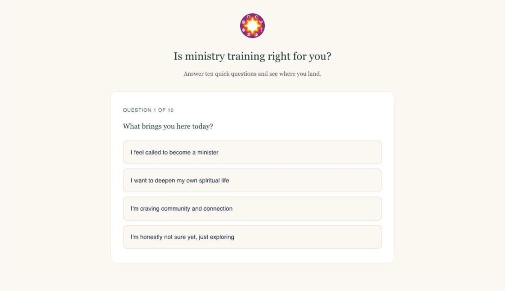 Screenshot of an interactive ten-question quiz on the OneSpirit Circle homepage titled Is ministry training right for you?