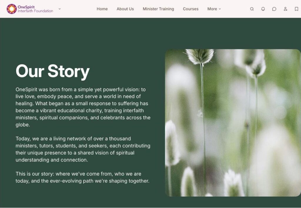 Screenshot of the Our Story page on the OneSpirit Interfaith Foundation Circle site, with a photo of soft grasses