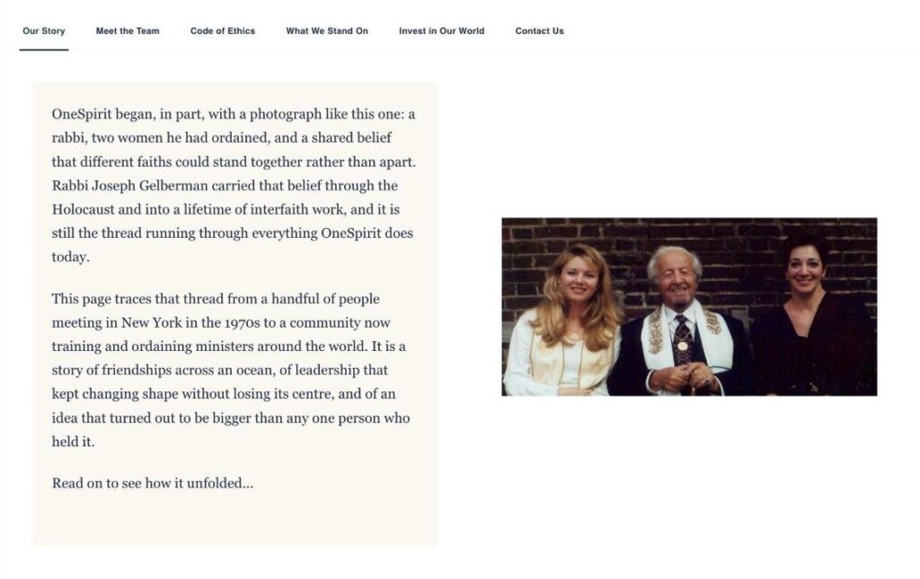 Screenshot of the Our Story page on the OneSpirit Circle site, with an archival photo of Rabbi Joseph Gelberman and two women he ordained