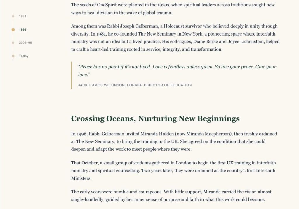 Screenshot of the Our Story page on the OneSpirit Circle site, with a timeline running down the left side and a pull quote